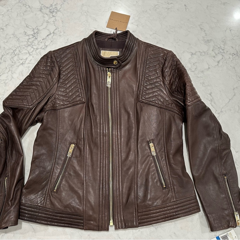 Michael Kors Brown Leather Moto Jacket